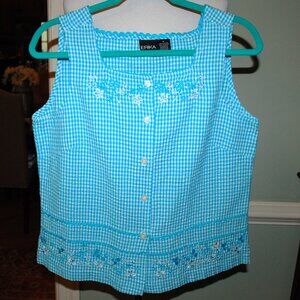 NWOT Super Cute Aqua Checked Embroidered Bodice Top
